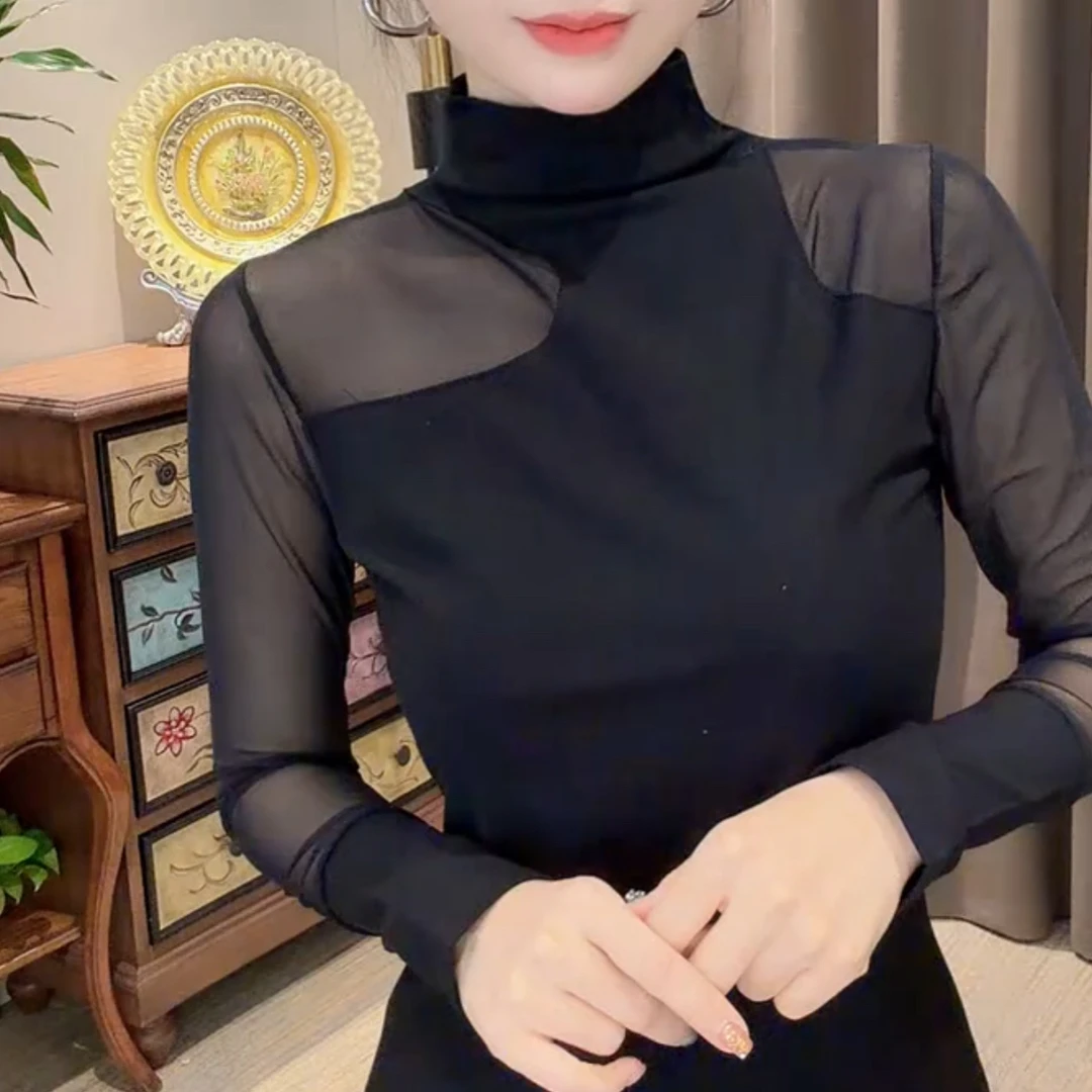 不规则镂空网拼接长袖修身百搭小衫打底衫