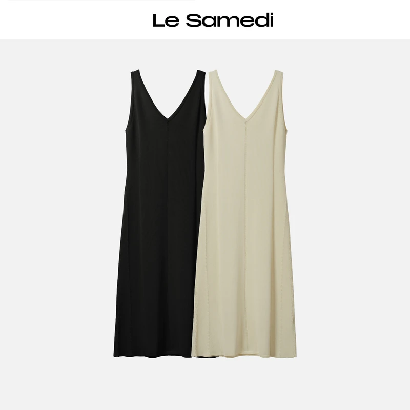 Le Samedi【午后河畔】惬意风情 双V领 挑孔镂空吊带针织连衣裙