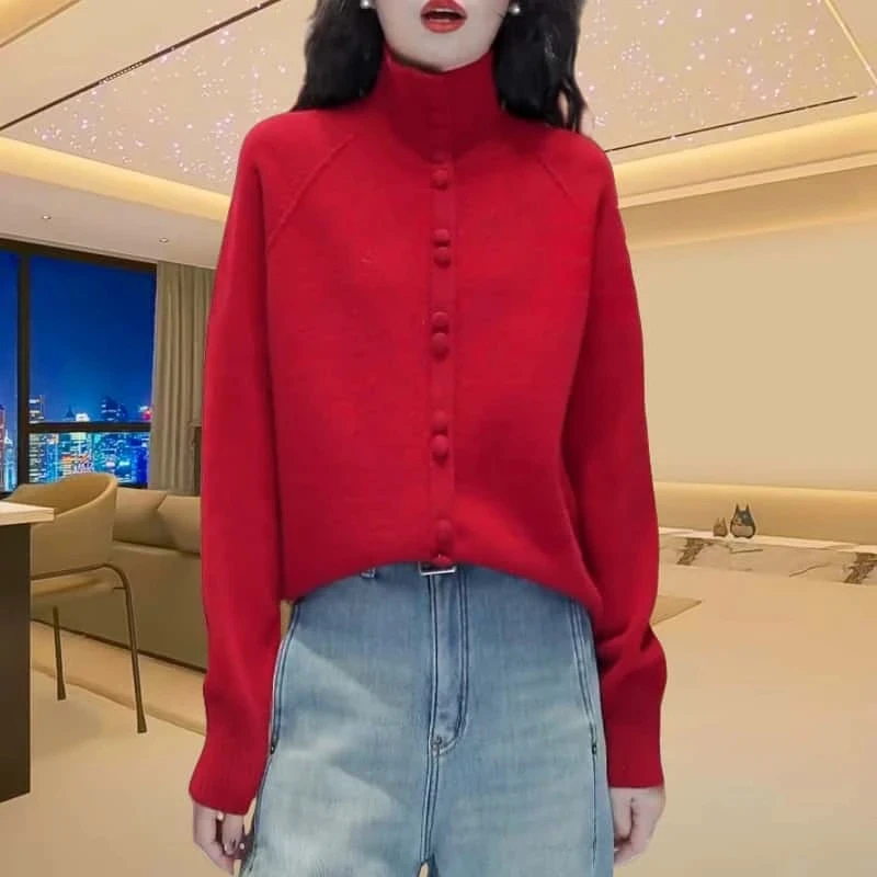 韩系简约风高领纯色针织开衫女春季新款气质减龄轻熟显瘦百搭上衣