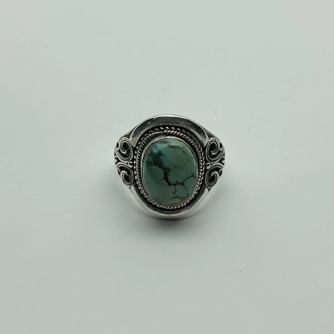 足银镶嵌原矿松石戒指       蒙族设计师民族风纯手工花丝低马鞍