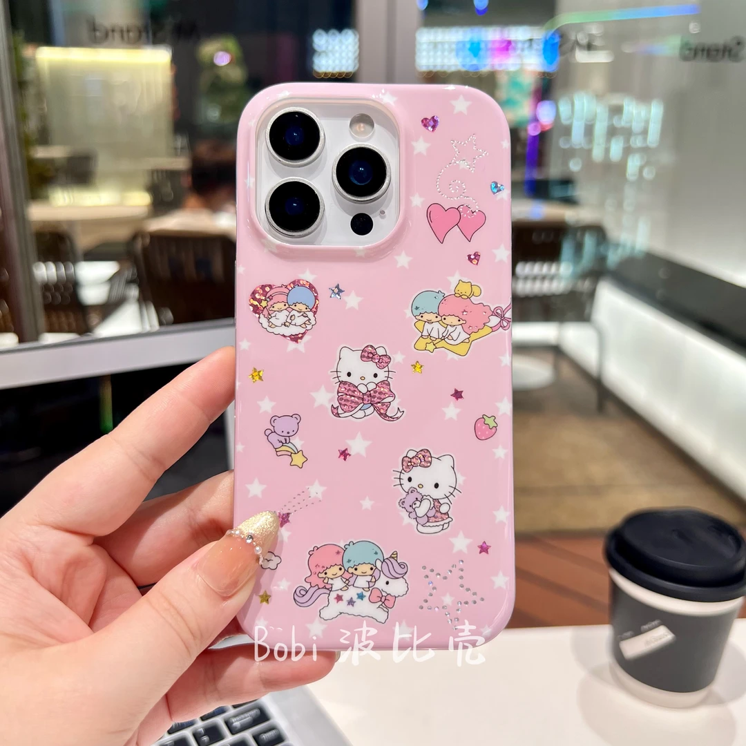 卡通可爱鎏金创意粉底星星猫咪防摔适用苹果手机壳iphone16pro/15