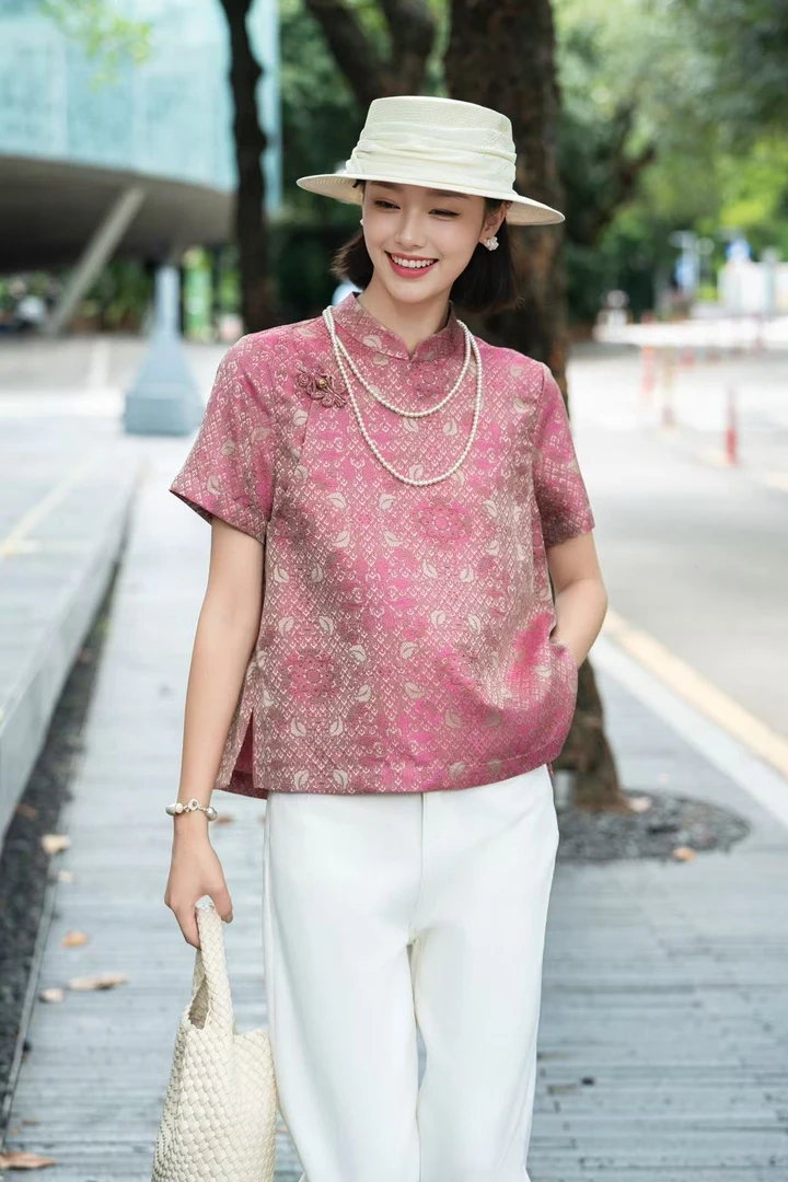 彩鳞宝相花衬衫斜襟宋锦新中式小衫成人上衣印花女装复古提花夏季