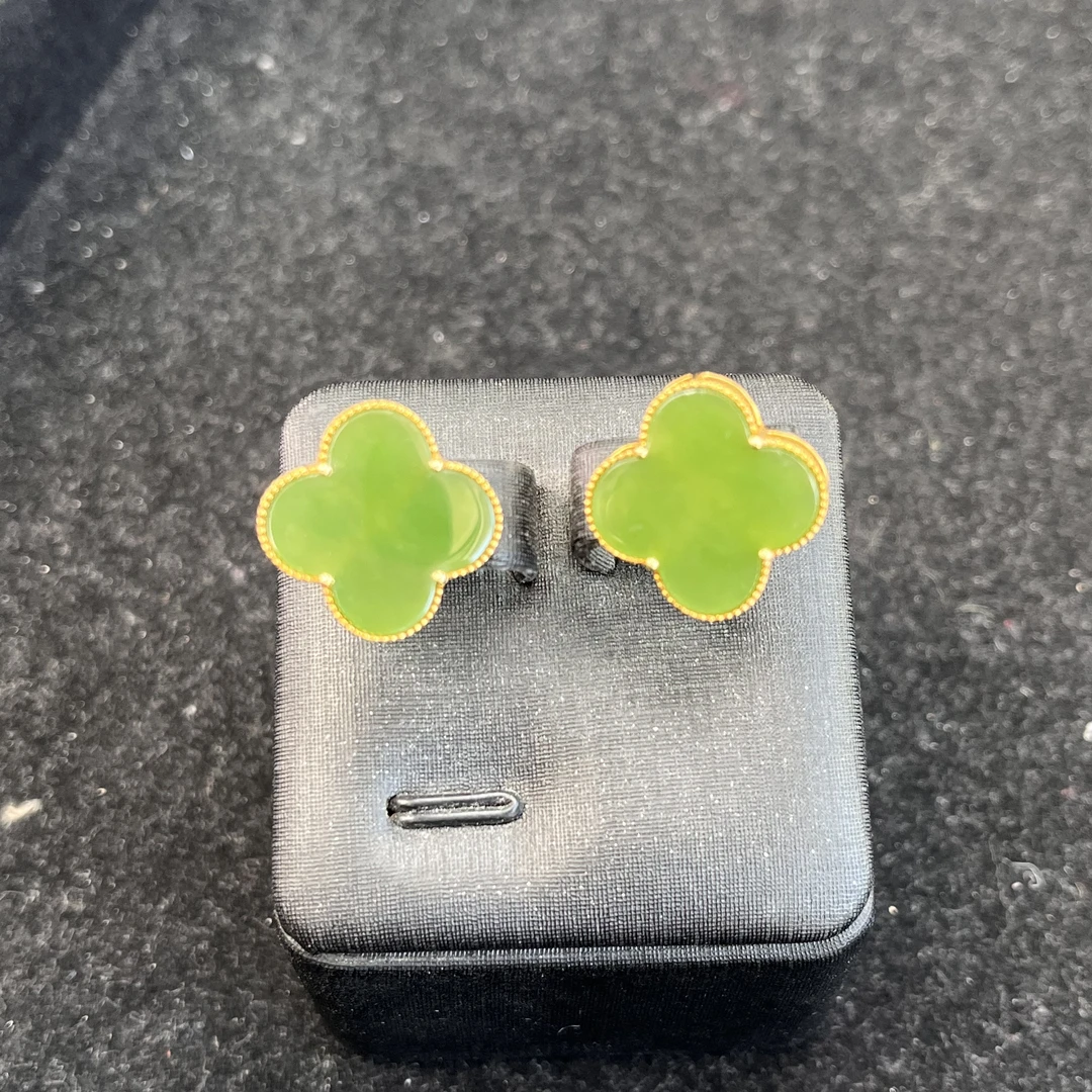 【源石珠宝】和田玉碧玉冰阳绿18K金四叶草耳钉吊坠