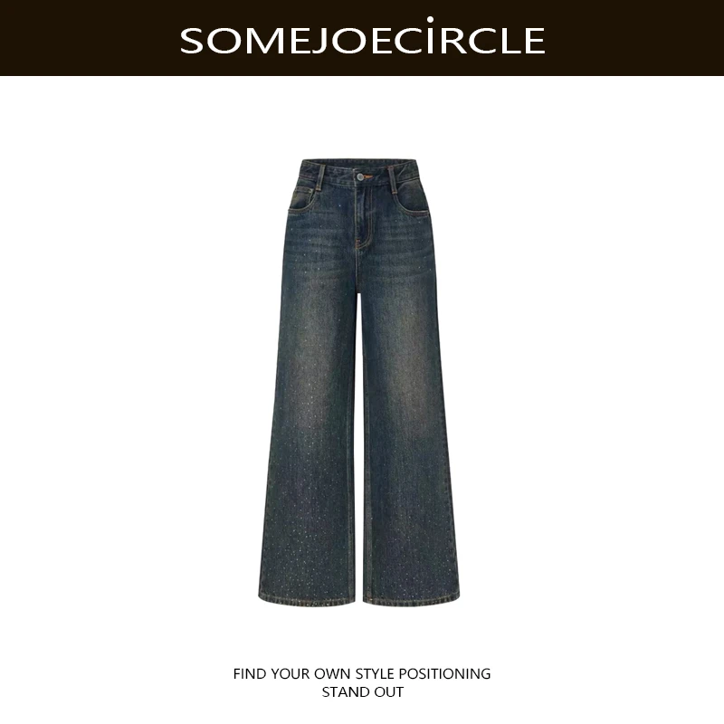 【DZ】SOMEJOECIRCLE【牛仔裤】新品怀旧靛蓝棉质烫钻高腰直筒裤Z8537