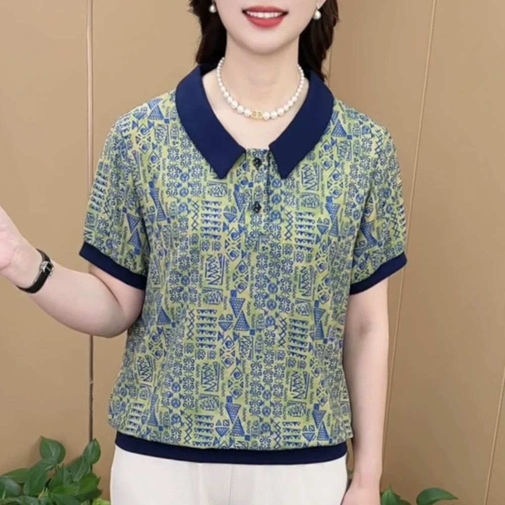 夏季新款时尚翻领潮流印花气质妈妈装宽松显瘦百搭短袖上衣K25132