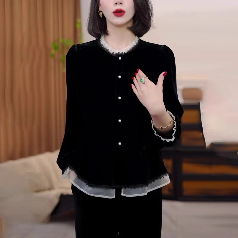 拉夏贝尔假两件衬衫女2025秋冬新款气质显瘦黑色丝绒洋气衬衣上衣