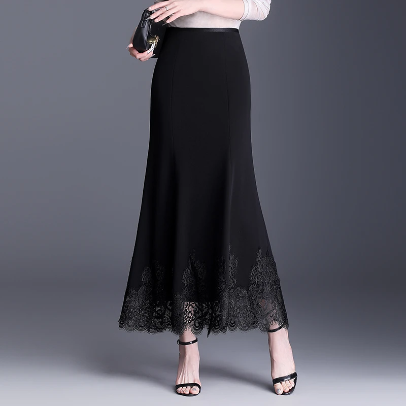 优雅别致蕾丝拼接半身裙女2025春夏秋薄款气质显瘦鱼尾长裙包臀裙