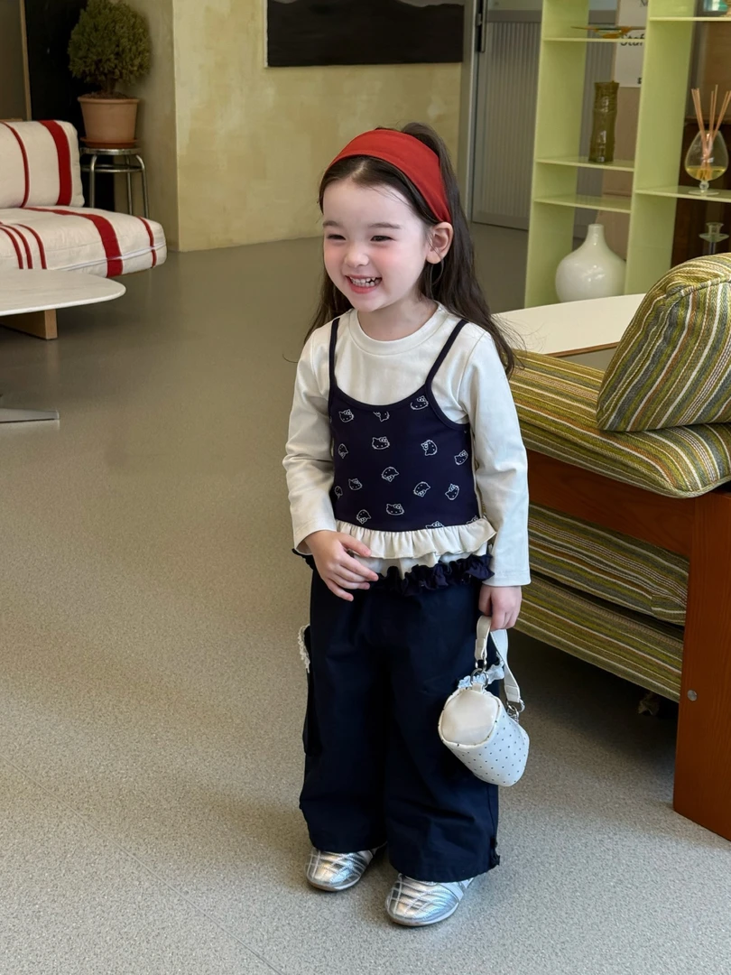 童装2025秋新款女童小童韩版卡通小猫吊带假两件T恤休闲长裤套装