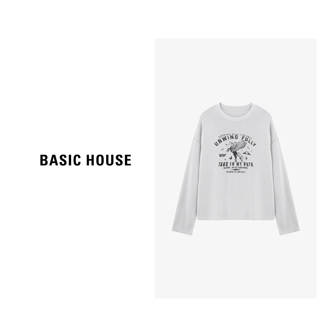 Basic House/百家好新款宽松显瘦图案圆领套头针织衫-B0625B5KKQ2