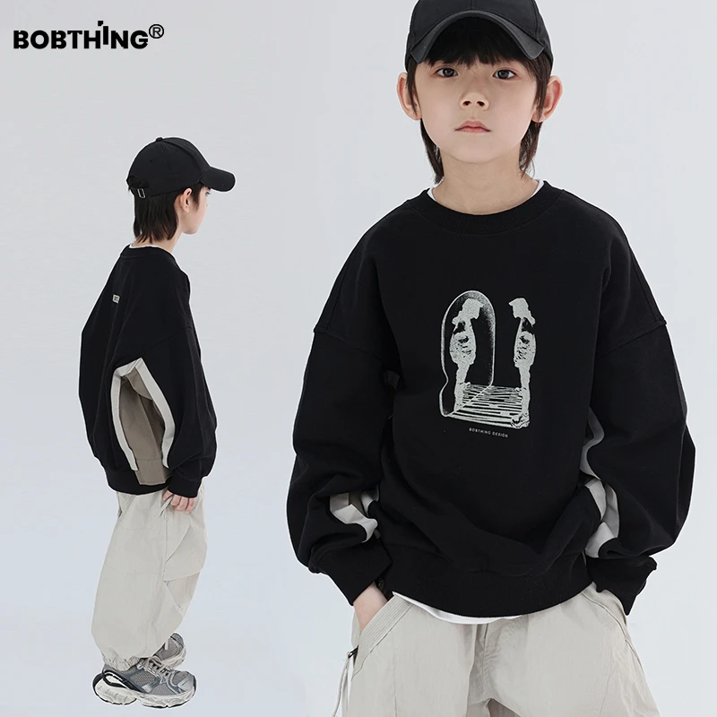 儿童撞色拼接潮牌圆领卫衣2025新款男童秋装针织棉打底衫童装上衣