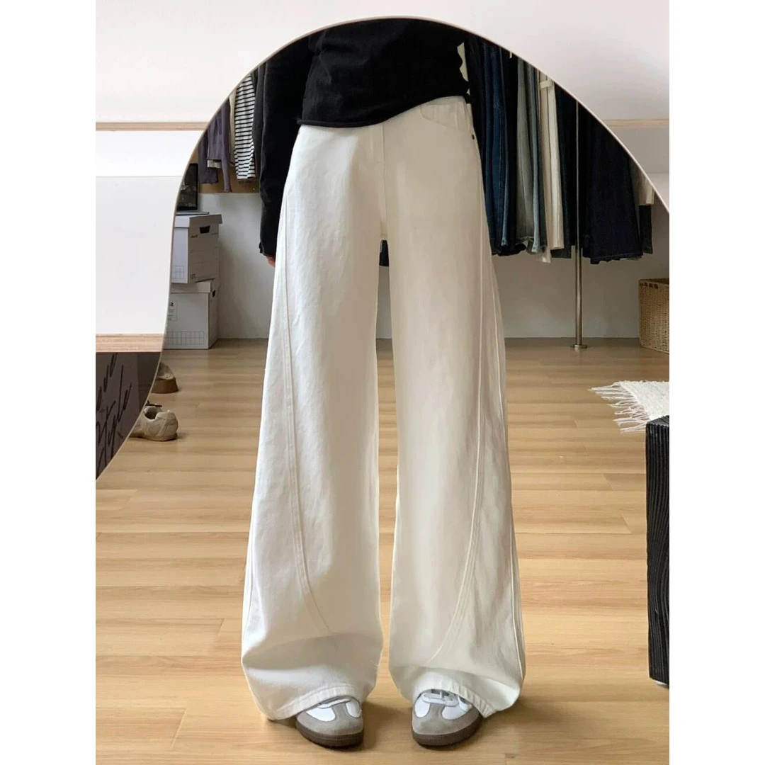 美式白色弯刀牛仔裤女2025夏季新款直筒裤高腰拖地裤宽松阔腿裤潮