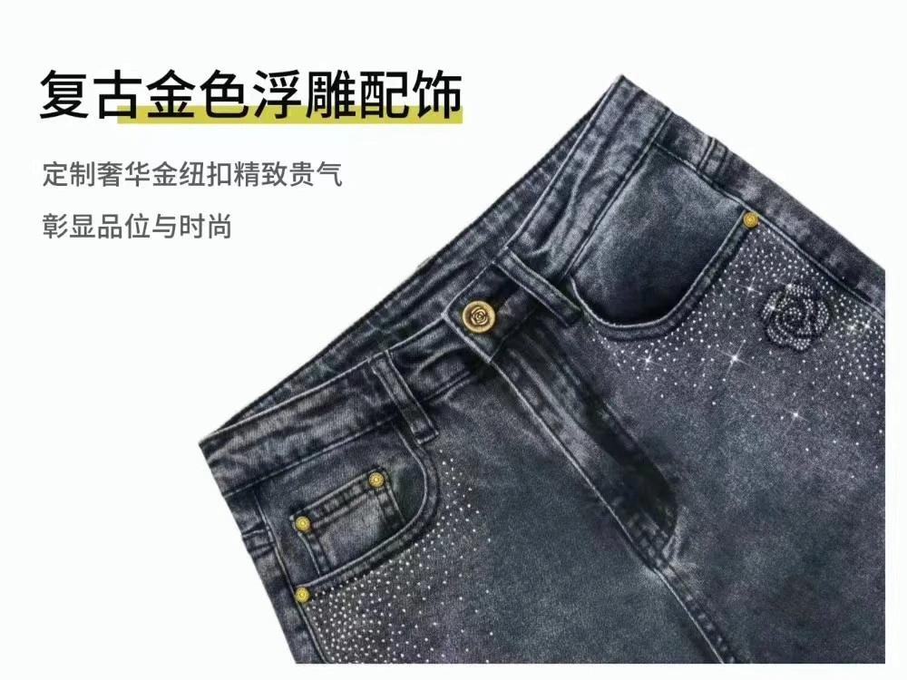 灰色直筒裤窄版中高腰重工玫瑰烫钻金纽扣高弹力显瘦常规款时尚