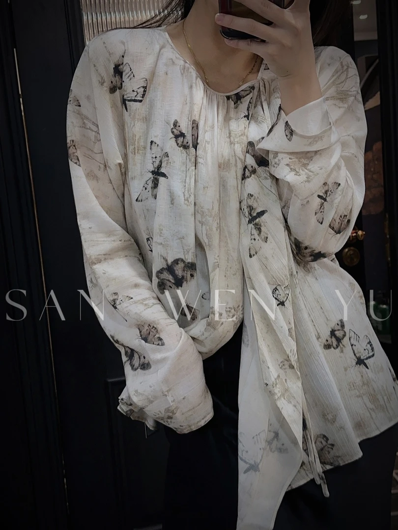 【DY】花间蝶影印花圆领上衣-KDN1063