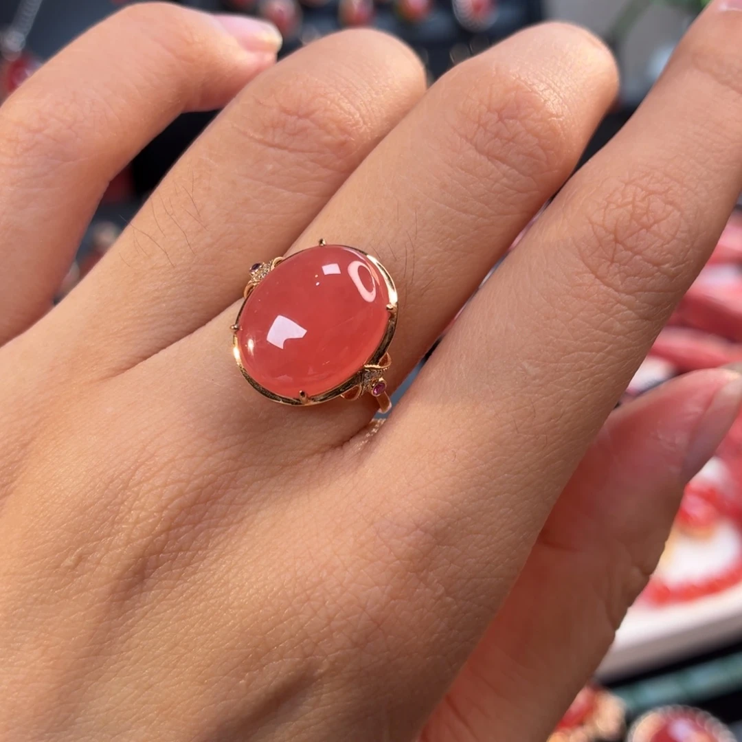 菱锰矿（红纹石）18K金镶嵌戒指