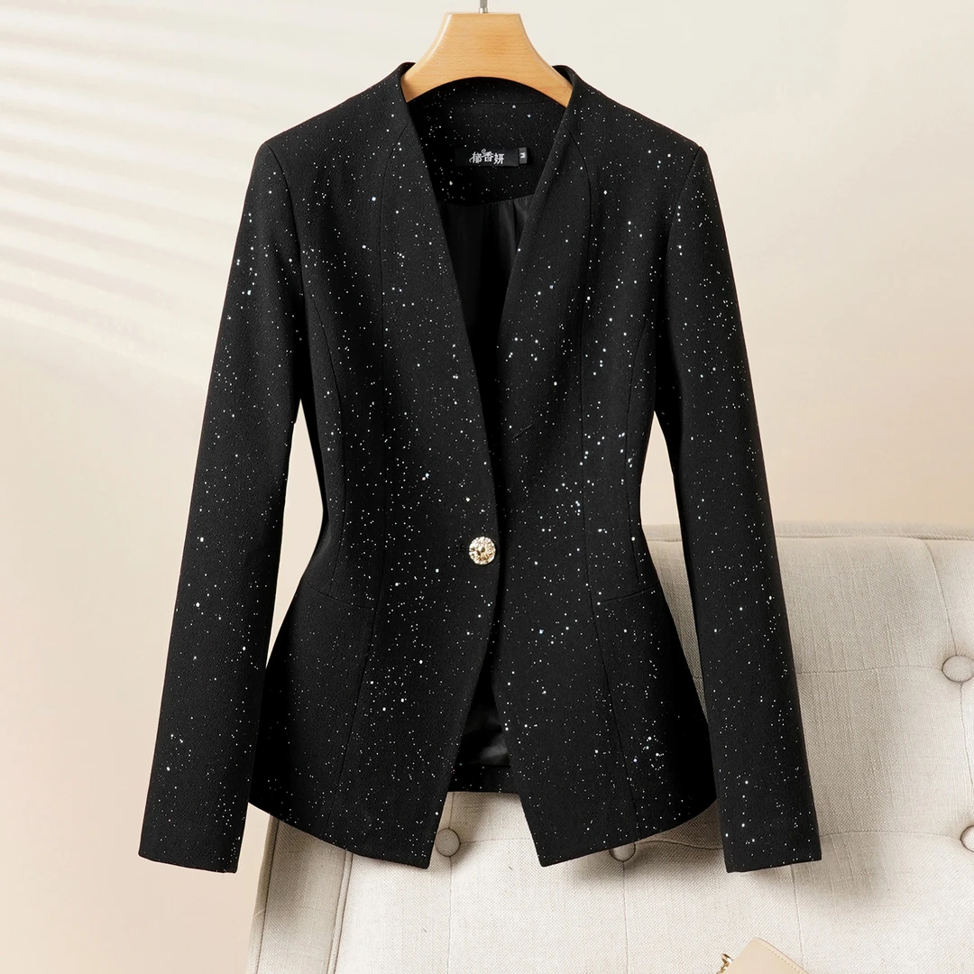 黑色西装外套女春秋新款亮片西服上衣设计感小西装无领高级感短款