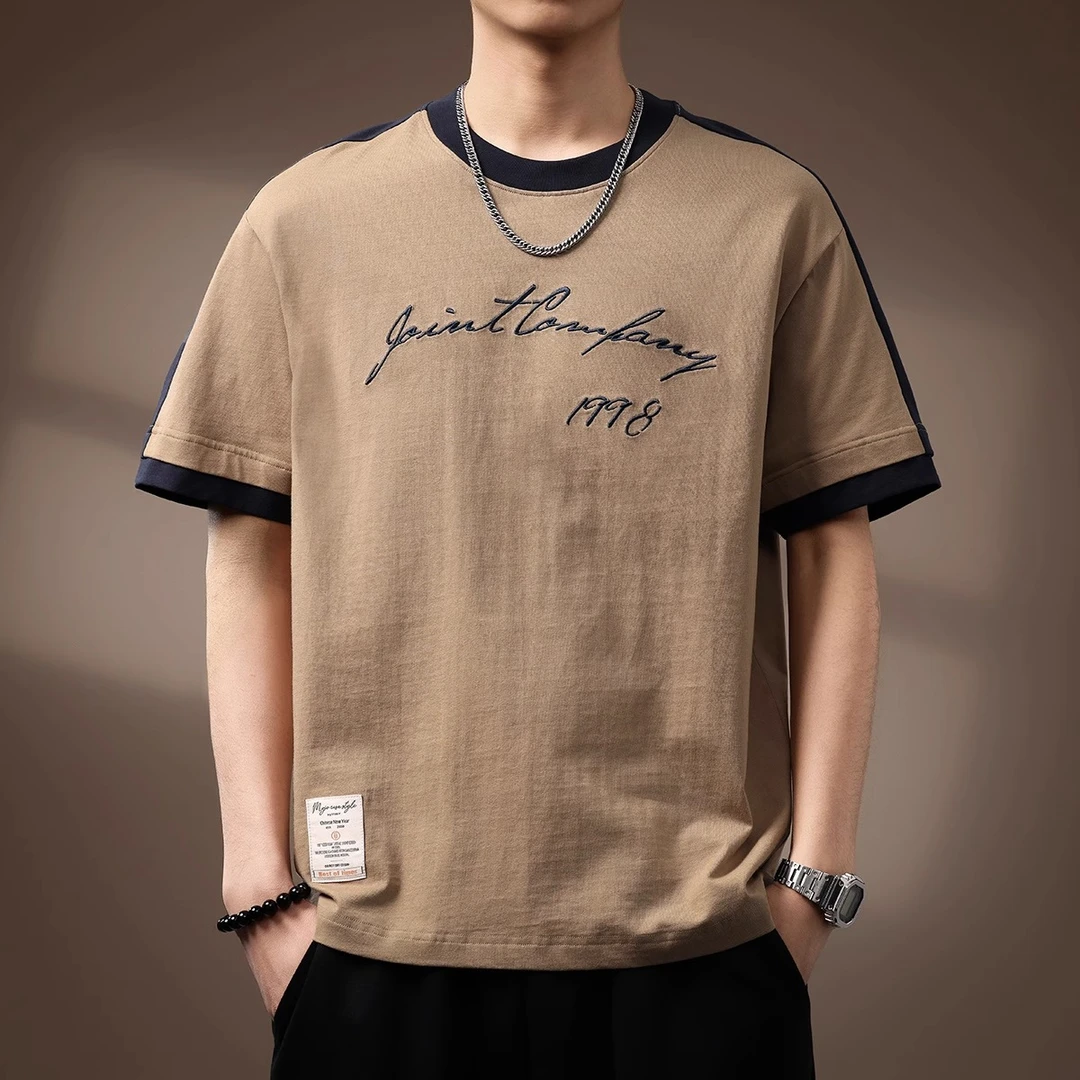 Leekody高端美式重磅字母刺绣短袖T恤男夏季新款复古水洗拼接体恤