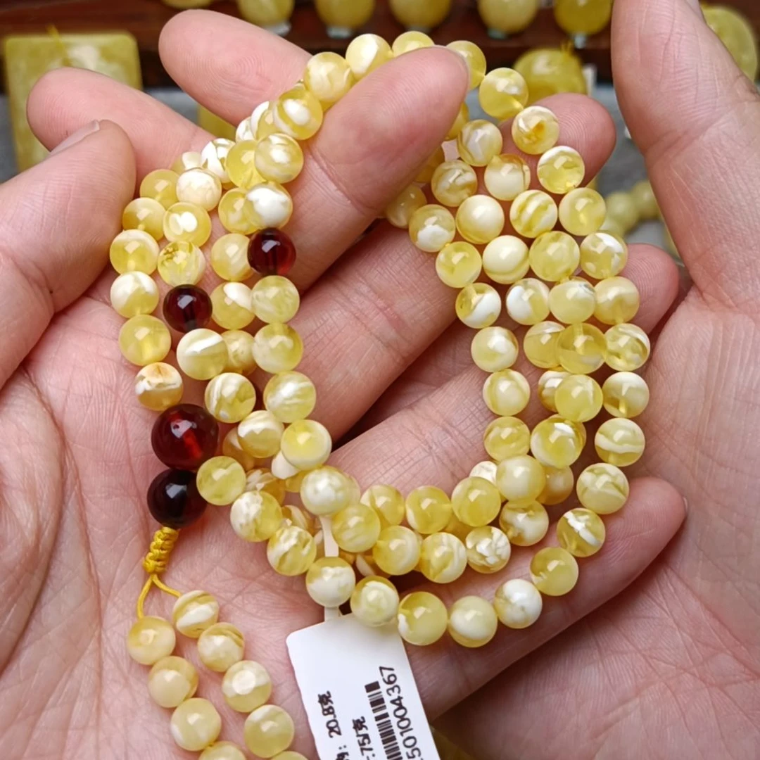 未镶嵌蜜蜡裸石6大加圆珠108金瓷白虎皮妖花