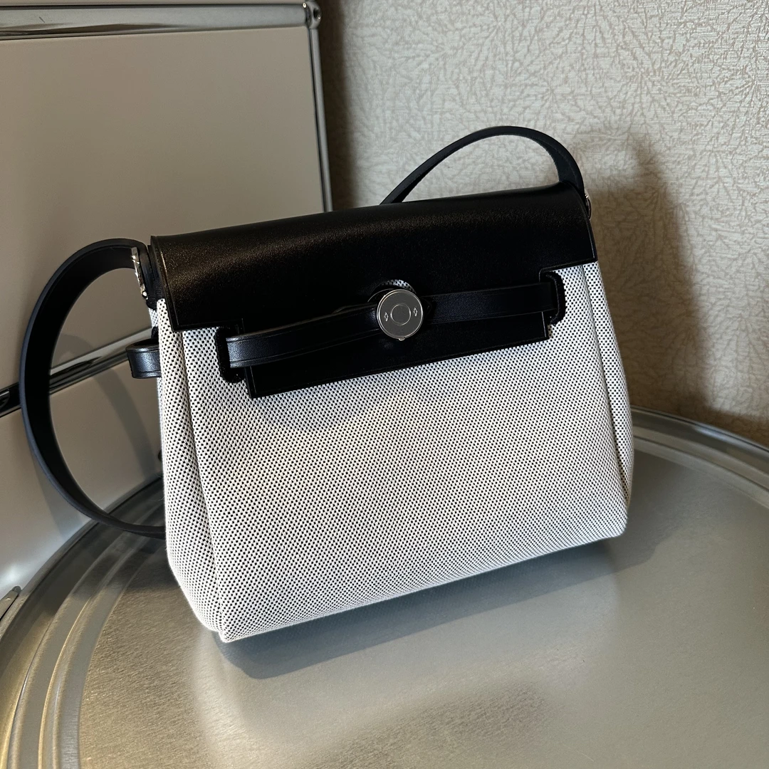 YOENMOM·春夏新品 意大利进口胎牛皮拼帆布复古撞色斜挎单肩包包