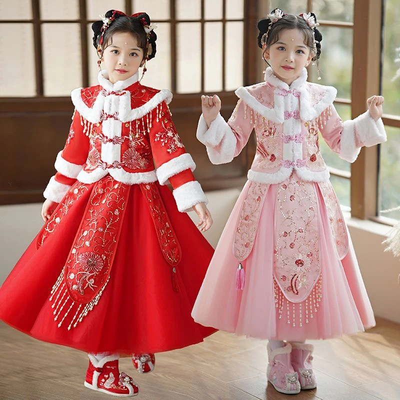 儿童汉服女冬装加绒中国风唐装襦裙中大童宝宝过年服装女童拜年服