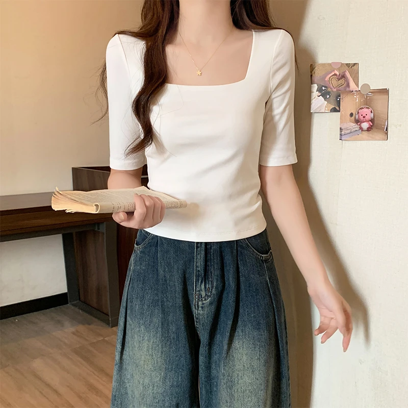 白色纯棉方领中袖打底衫女2025新款春秋内搭修身五七分袖上衣t恤