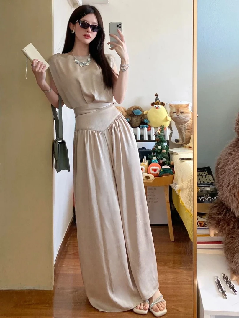 大码名媛时尚夏天超仙轻奢冰爽速干无袖上衣高腰阔腿裤套装女欧美