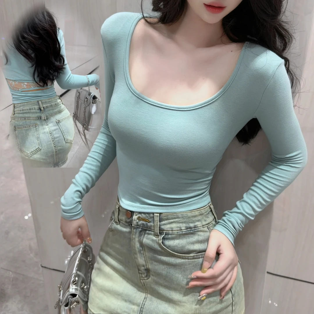 2025早春新款辣妹修身显瘦打底衫上衣纯欲蕾丝镂空长袖T恤女圆领