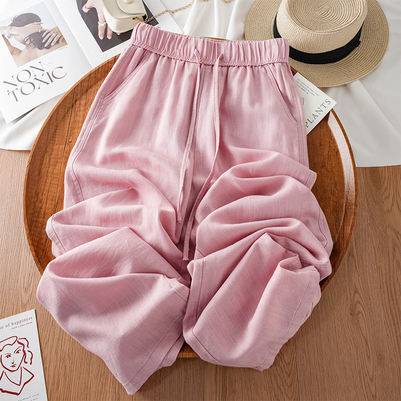 粉色天丝亚麻直筒裤女夏季薄款2025新款宽松九分裤小个子棉麻裤子