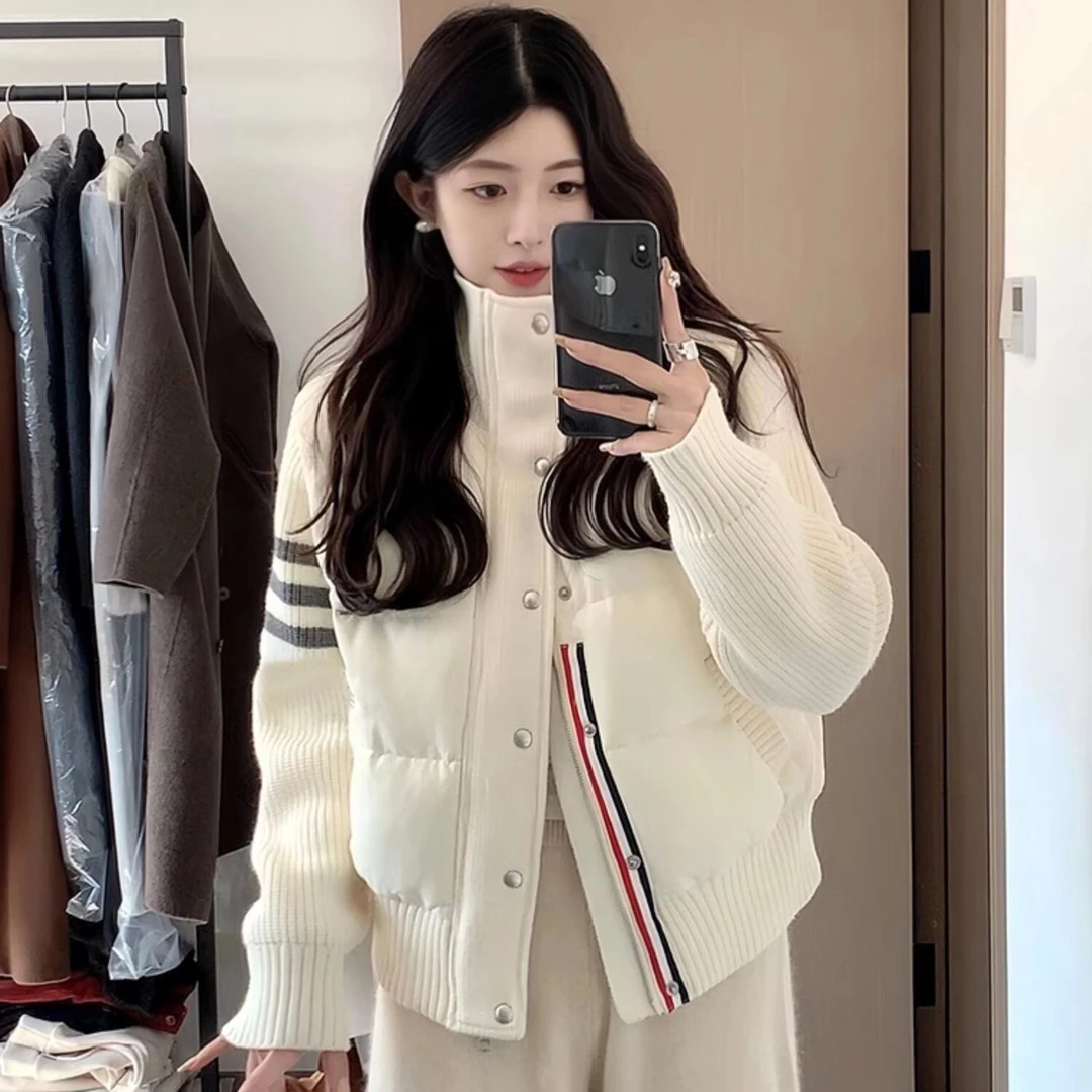 2025设计感拼接针织立领轻薄夹棉外套时尚轻奢洋气外套女棉服