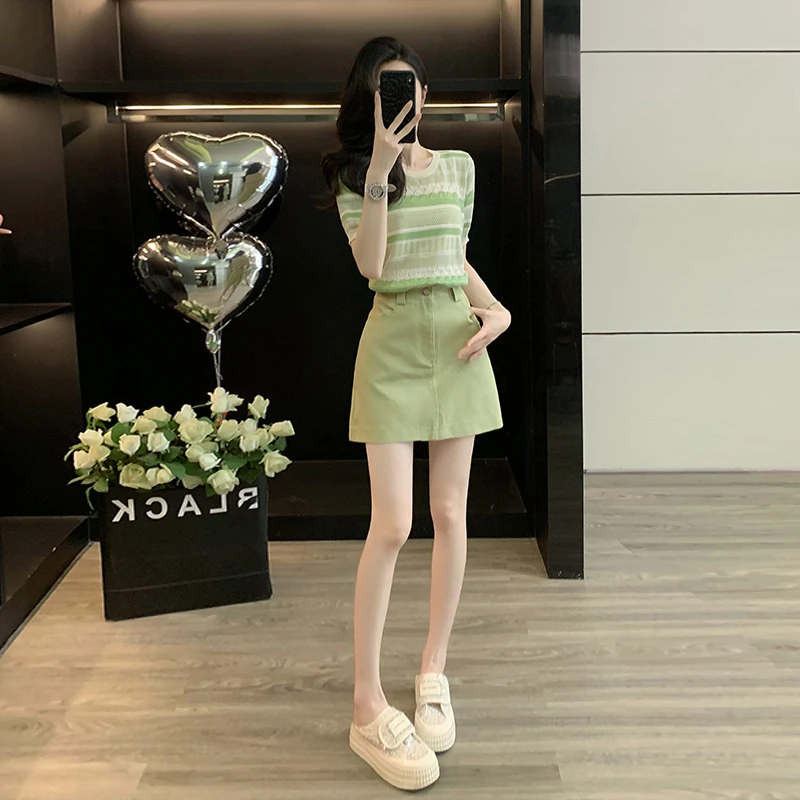 女装洋气气质套装绿色镂空条纹短袖针织衫2025新款绿色牛仔半身裙
