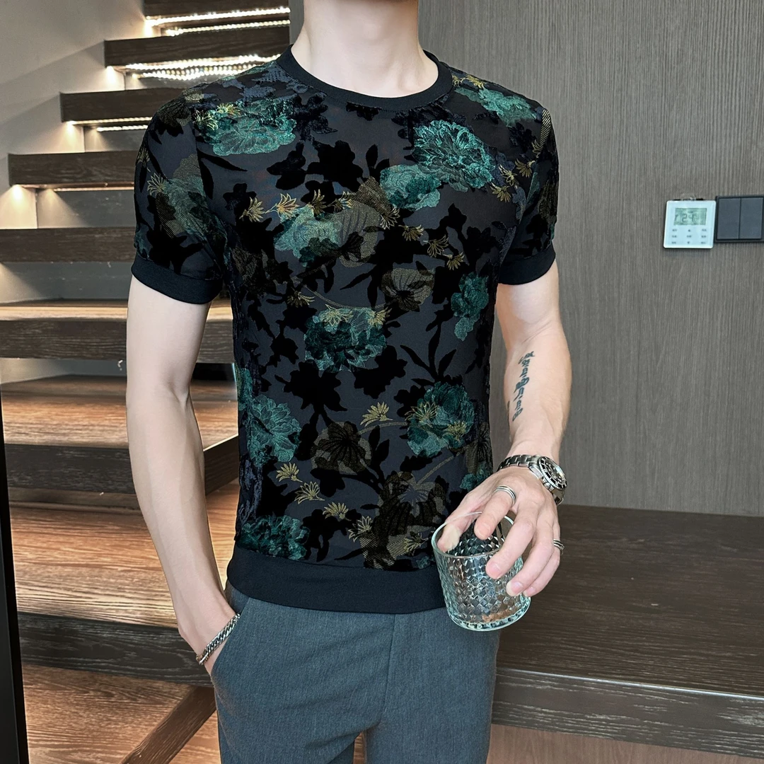 高级感蕾丝花短袖T恤男2025夏季新款网红痞帅男装潮流休闲上衣男