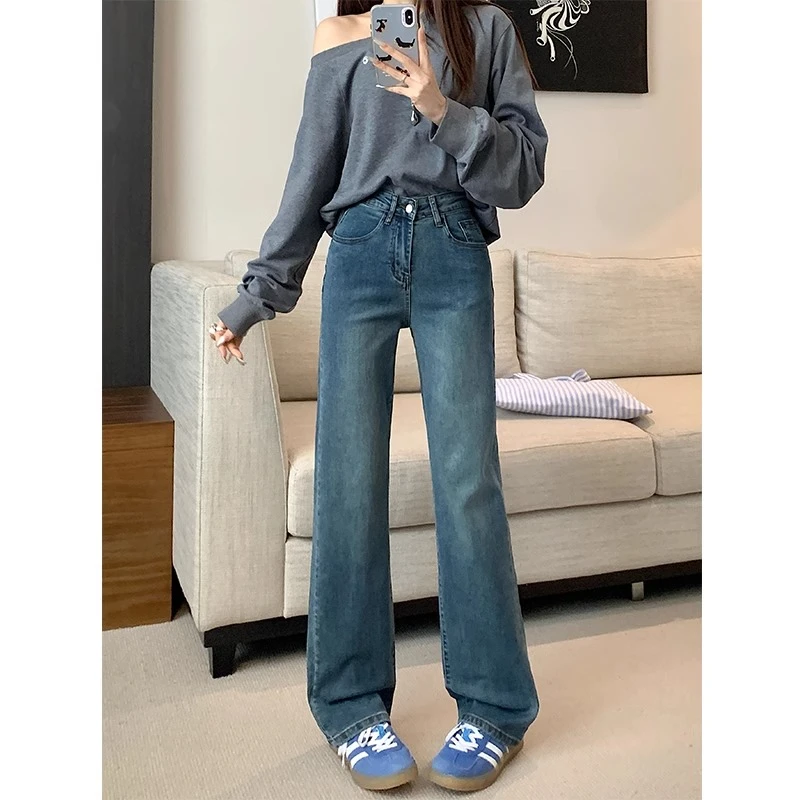 【小曹大码】复古蓝牛仔裤直筒春季高腰显瘦弹力烟管裤-KXDM33212