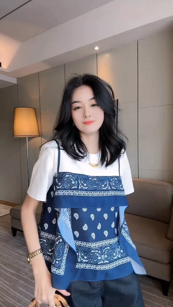 2025夏装新款港风复古假两件短袖t恤女设计感小众别致宽松上衣潮