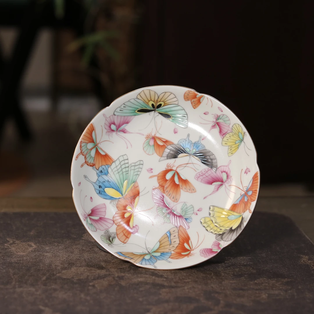 雨溪山房 景德镇手绘斗彩梦蝶蝴蝶壶承 茶道茶具