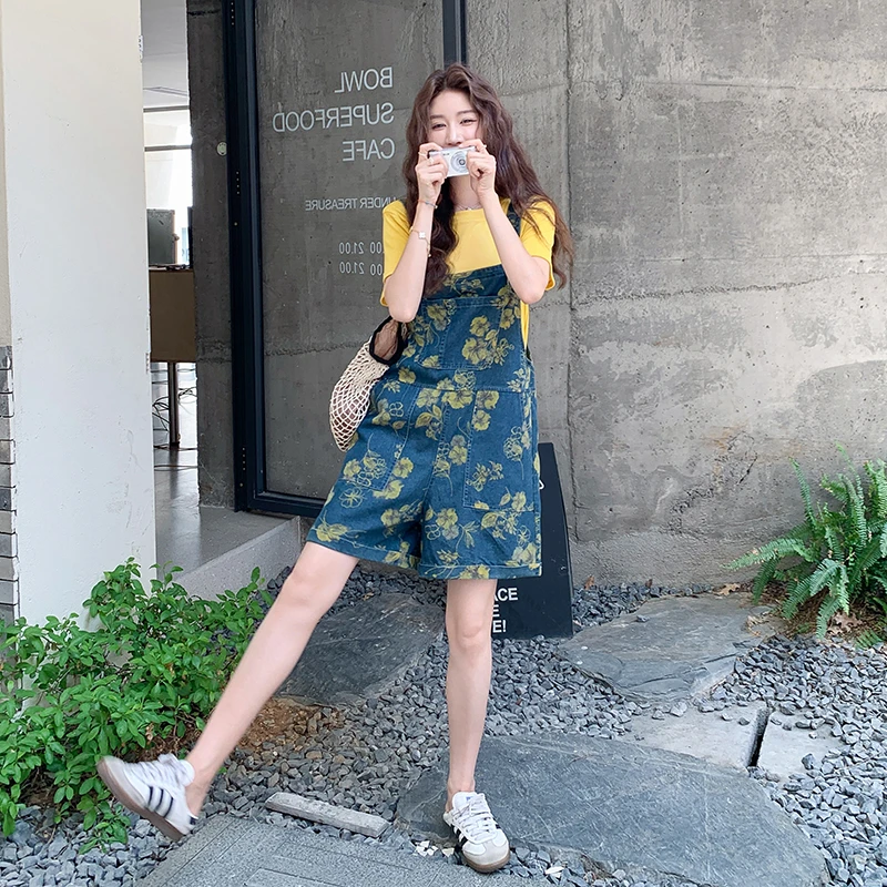 黄色短袖碎花牛仔背带裤套装女2025夏季新款学院风甜美减龄两件套