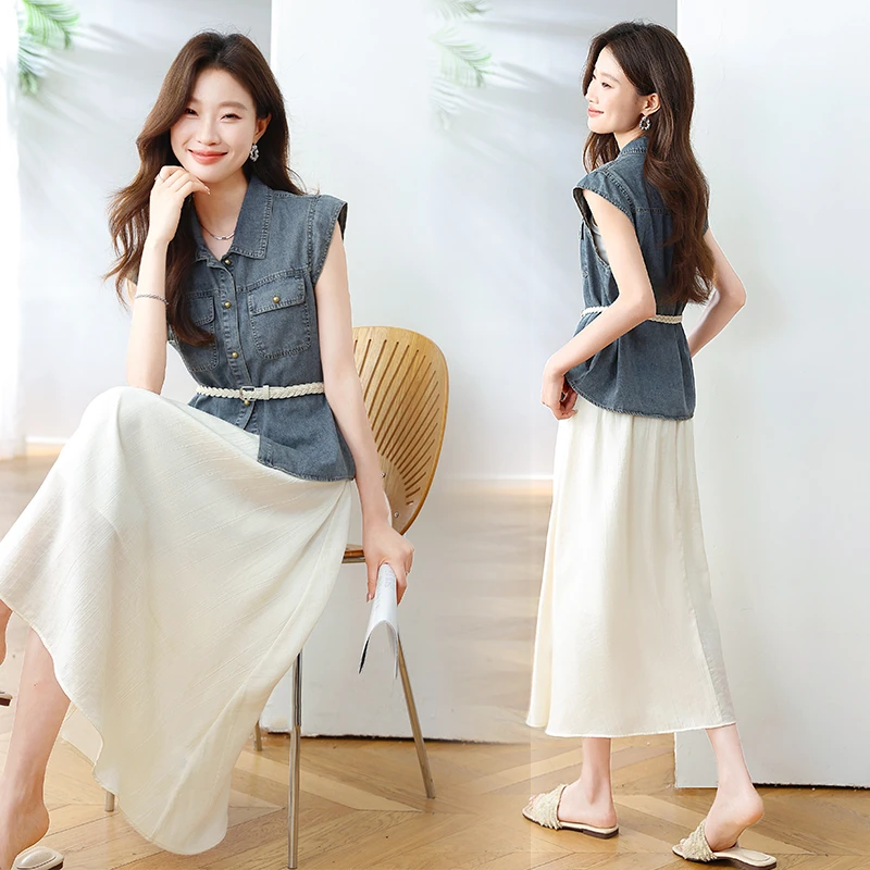 尚套装夏装2025夏季女装牛仔上衣气质半身裙女两件套裙显瘦裙子