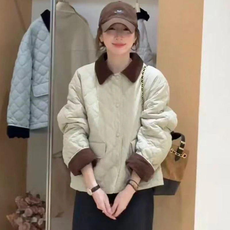 秋冬简约洋气宽松菱格拼接翻领夹棉外套女2025新款百搭棉衣上衣潮