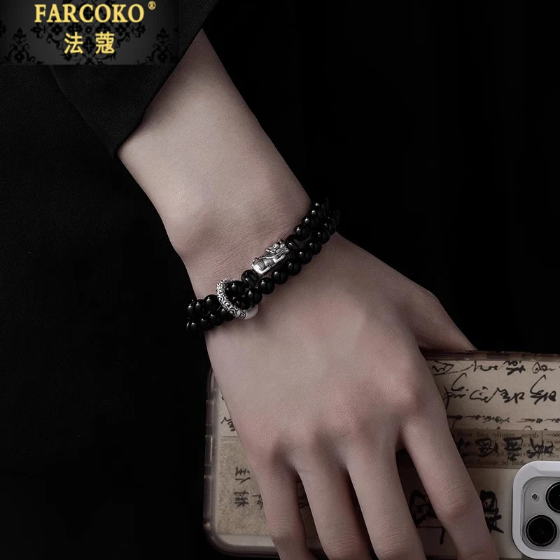 法蔻貔貅手链男士黑曜石平安扣双层手串送男友老公生日情人节礼物