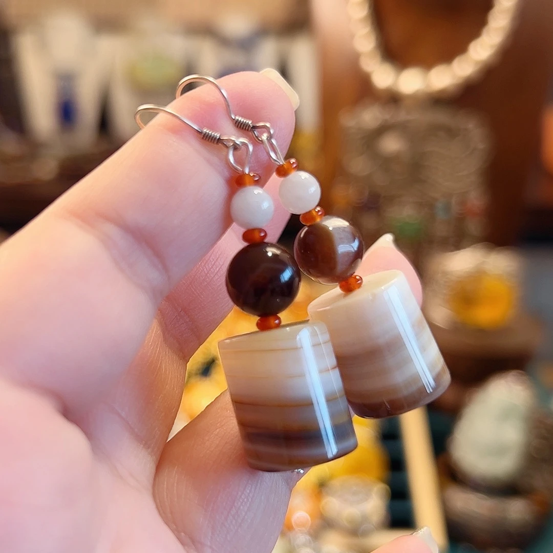 玛瑙银S925镶嵌挂件耳环