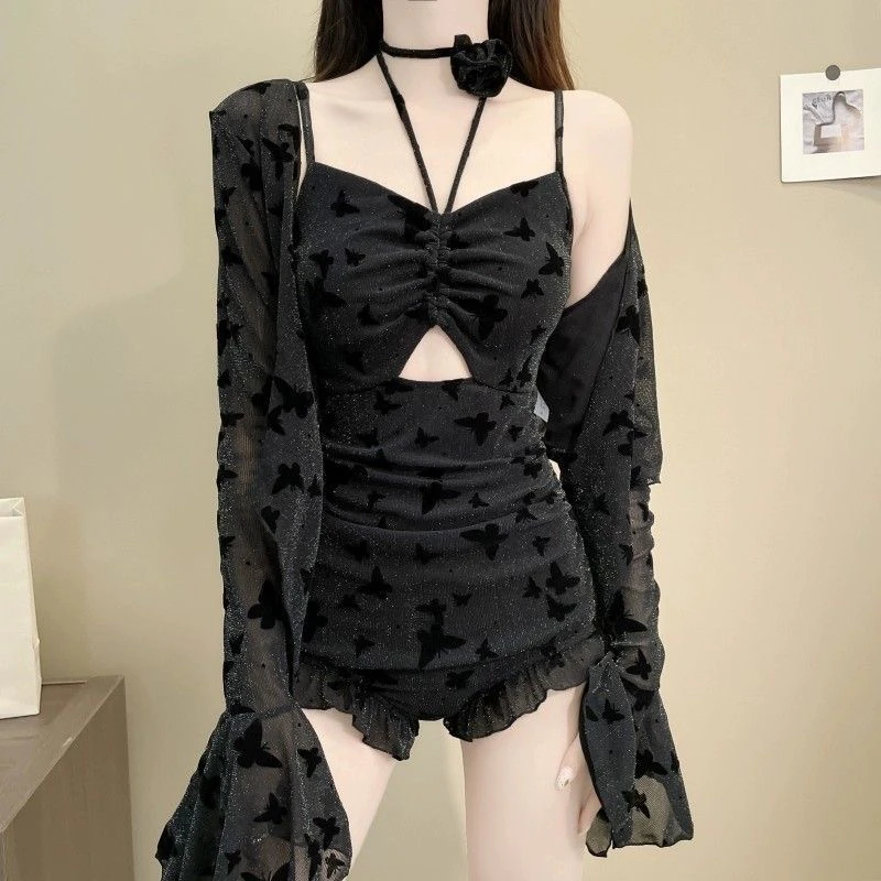 游泳衣连体黑色两件套罩衫比基尼性感纯欲高级感遮肉显瘦泳装温泉