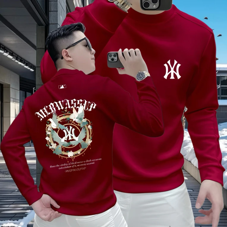 马年秋冬潮牌卫衣男士印花卫衣时尚长袖网红潮流加绒休闲圆领红色