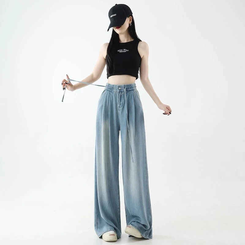 莱赛尔天丝牛仔裤2025夏季薄款垂感高腰阔腿宽松显瘦百搭休闲裤女