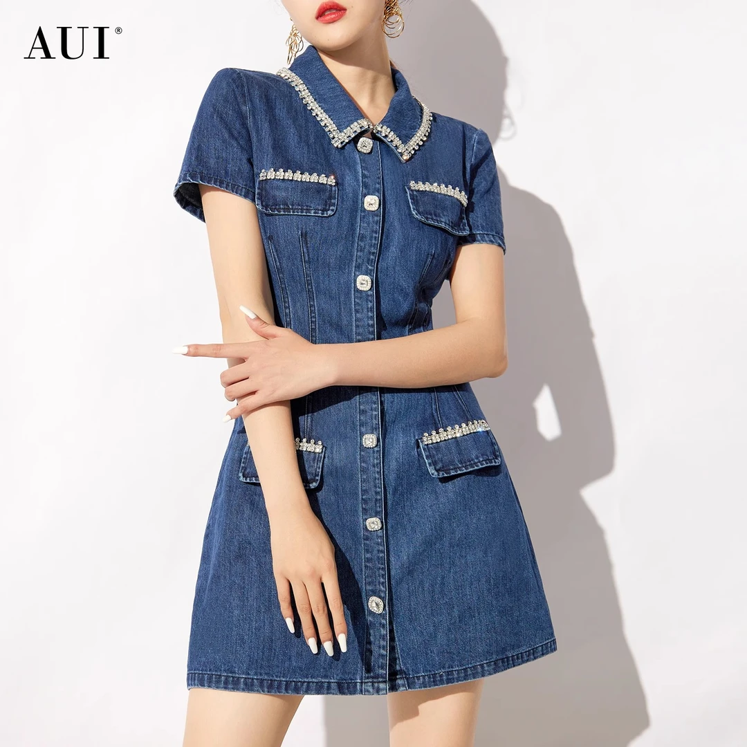【黄蓉推荐】AUI蓝色高端牛仔连衣裙御姐短袖收腰A字裙-24X014242