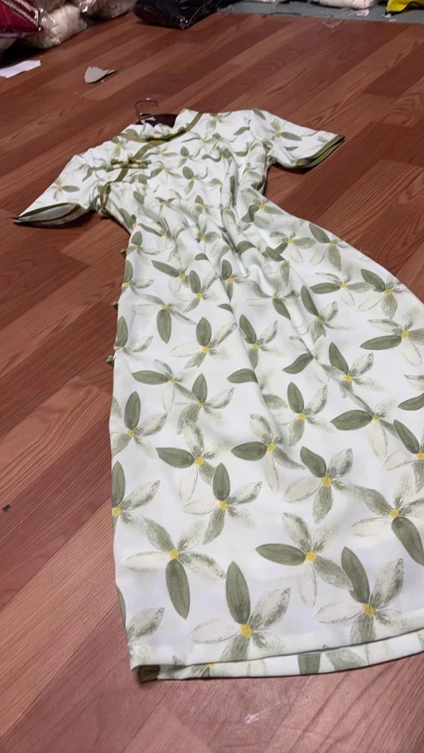 921-绿花 宽边 缠结扣 中长 旗袍