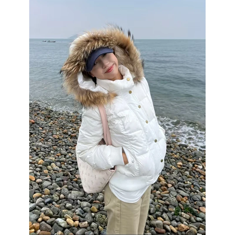 2025冬季新款白色可拆卸连帽宽松立领短款女保暖加厚棉服外套上衣