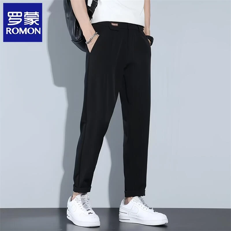 Romon/罗蒙男士新休闲西裤夏季百搭修身小直筒商务九分高级感裤子