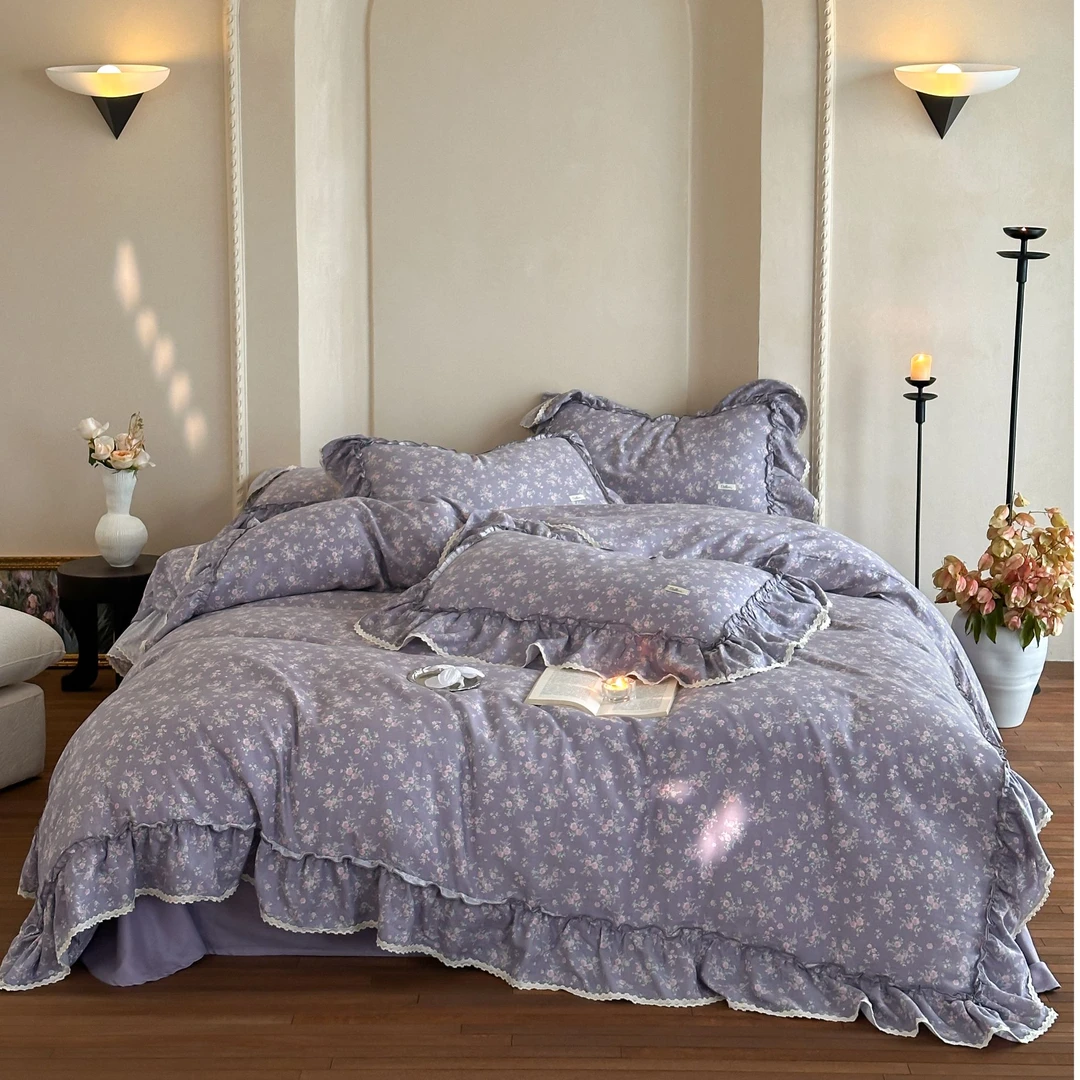 漫漫 法式全棉双层纱四件套花边碎花花边床品套件