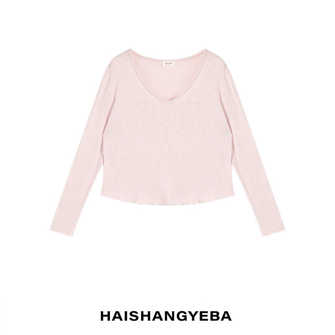 【海上叶爸】新款2025夏季百搭棉V领毛边休闲宽松慵懒长袖T恤