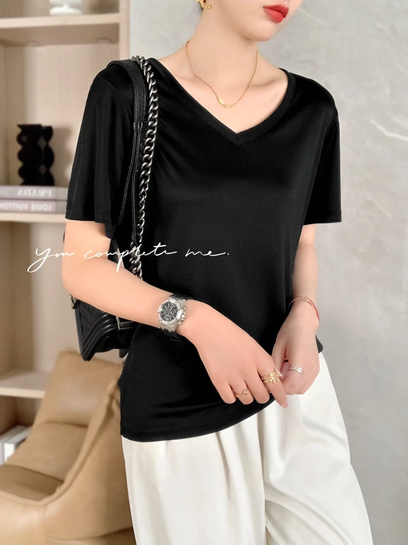 霍总推荐v领女士时尚夏季三醋酸女装白色设计感小众显瘦百搭短袖