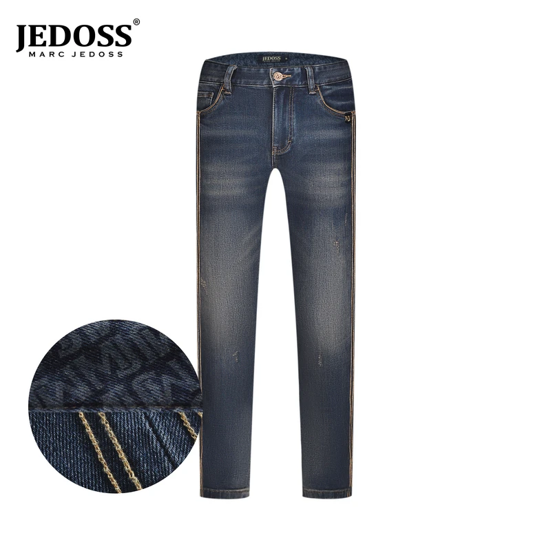 JEDOSS/爵迪斯男装秋冬时尚轻奢简约织带线条蓝色牛仔裤YL616