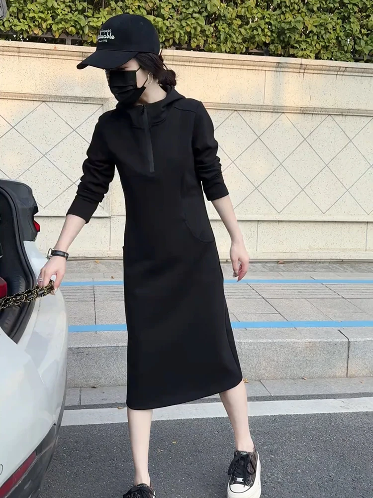 韩系慵懒风立领长袖连衣裙女2025秋季新款松弛感修身显瘦绝美长裙